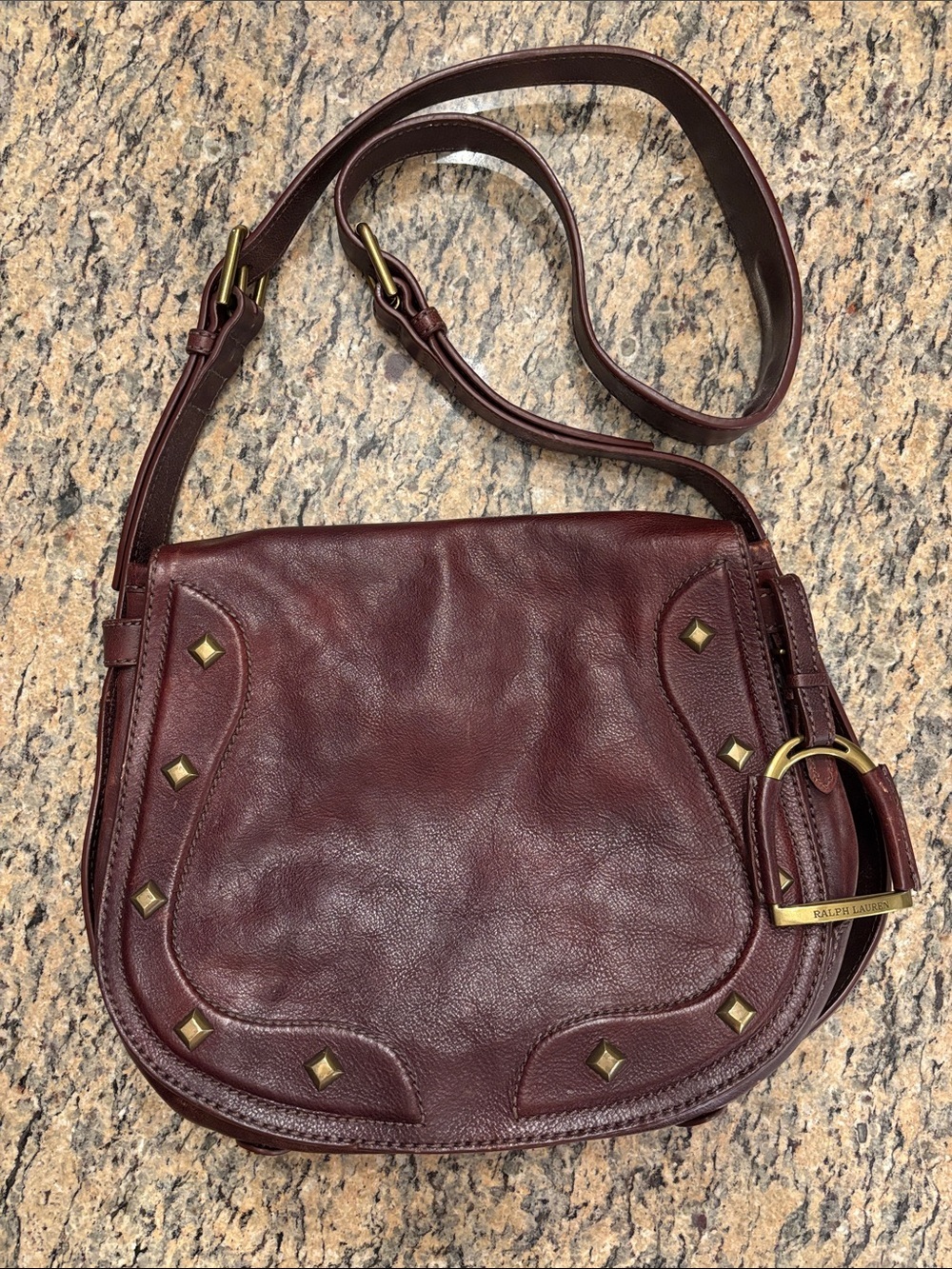 Vintage Ralph Lauren Oxblood Leather Studded Stirrup Saddle Crossbody Bag